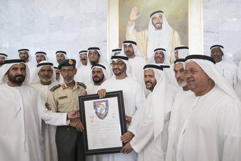Sheikh Mohammed bin Zayed, Crown Prince of Abu Dhabi and Deputy Supreme Commander of the Armed Forces, with the first batch of Zayed Military College graduates during a reception at the Armed Forces Officer’s Club. Also there was Lt Gen Hamad Al Romaithi, Chief of Staff of the Armed Forces.  Ryan Carter / Crown Prince Court – Abu Dhabi