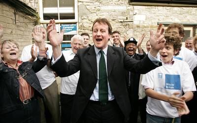 David Cameron celebrates with supporters at his constituency office in 2005 in Witney, Oxfordshire. Getty Images