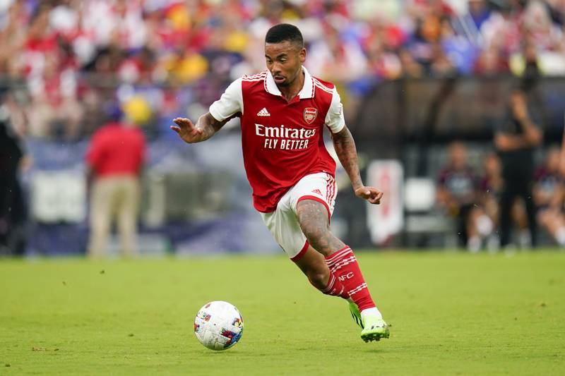 Arsenal's Gabriel Jesus runs with the ball against Everton during their pre-season friendly in Baltimore on Saturday, July 16, 2022. AP