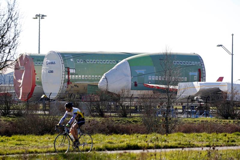 Sections of an Airbus A380 are seen outside the final assembly line site at Airbus headquarters in Blagnac, near Toulouse, France. REUTERS