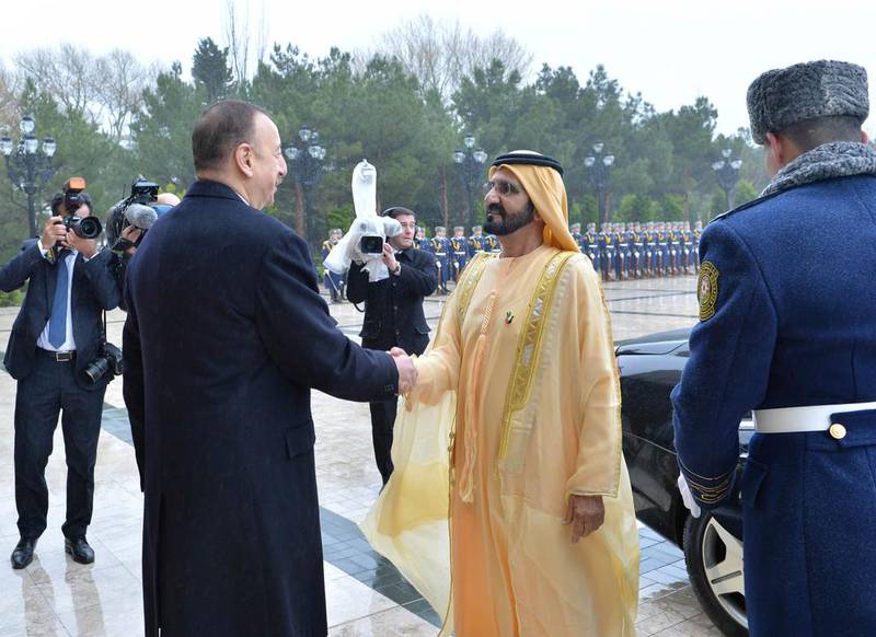 Sheikh Mohammed bin Rashid is greeted by president Ilham Aliyev of Azerbaijan in Baku. Wam