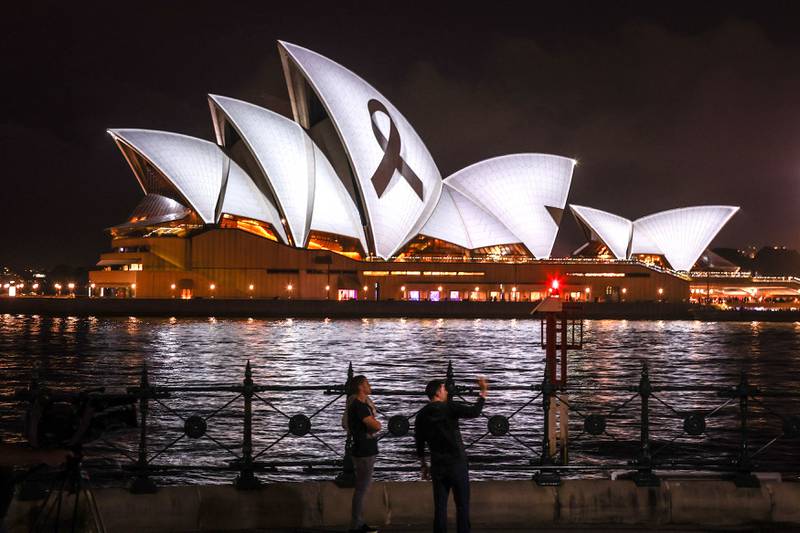 A black ribbon, symbolising remembrance and mourning, is projected on to Sydney Opera House in tribute to earthquake victims in Turkey and Syria. AFP


