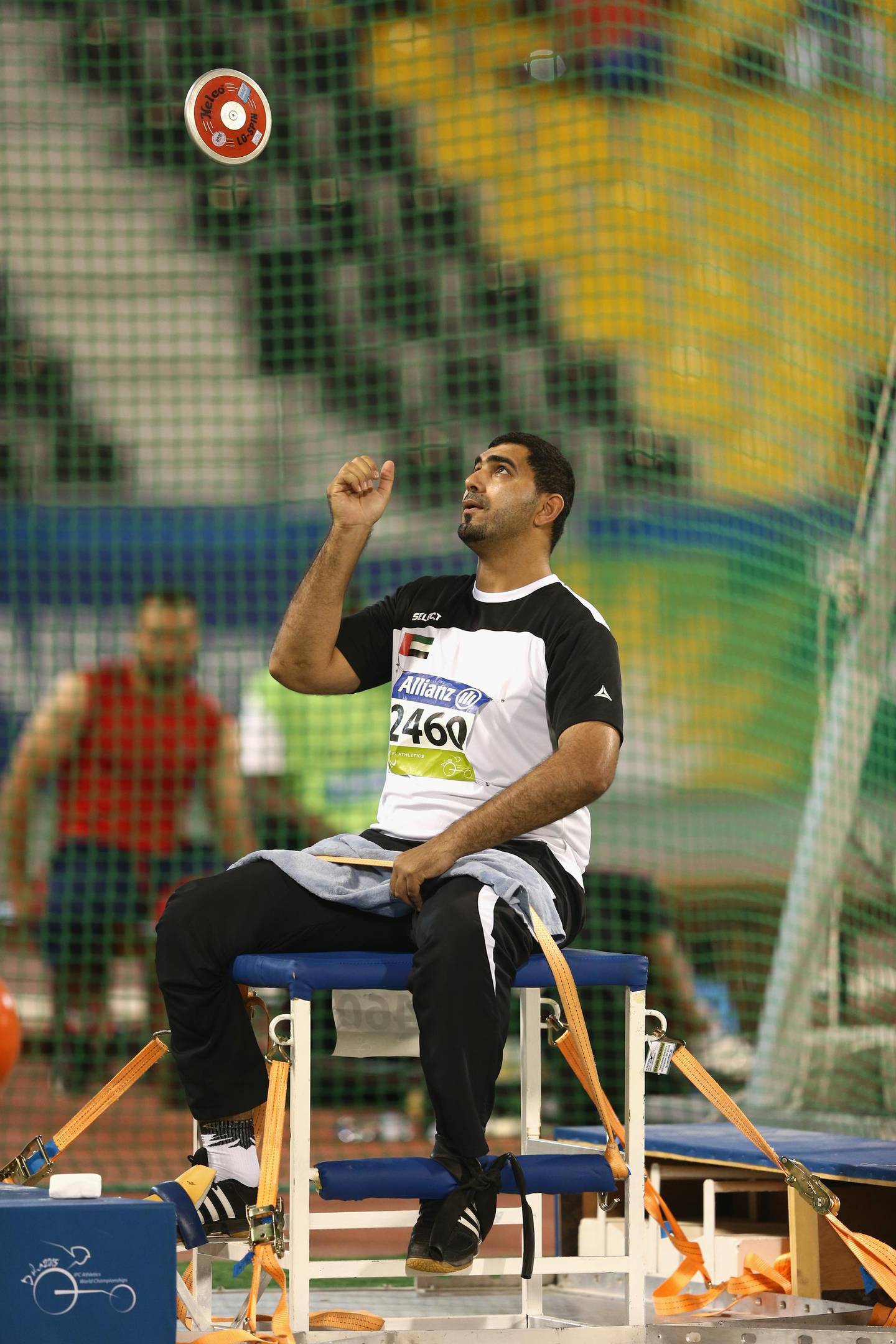 DOHA, QATAR - OCTOBER 31:  Abdullah Hayayei of UAE competes in the men's discus F34 final during the Evening Session on Day Ten of the IPC Athletics World Championships at Suhaim Bin Hamad Stadium on October 31, 2015 in Doha, Qatar.  (Photo by Warren Little/Getty Images)