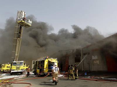 The warehouse in Umm Ramool, Dubai, used for storing paper and plastic, went up at 2.20pm on Wednesday. Jeffrey E Biteng / The National