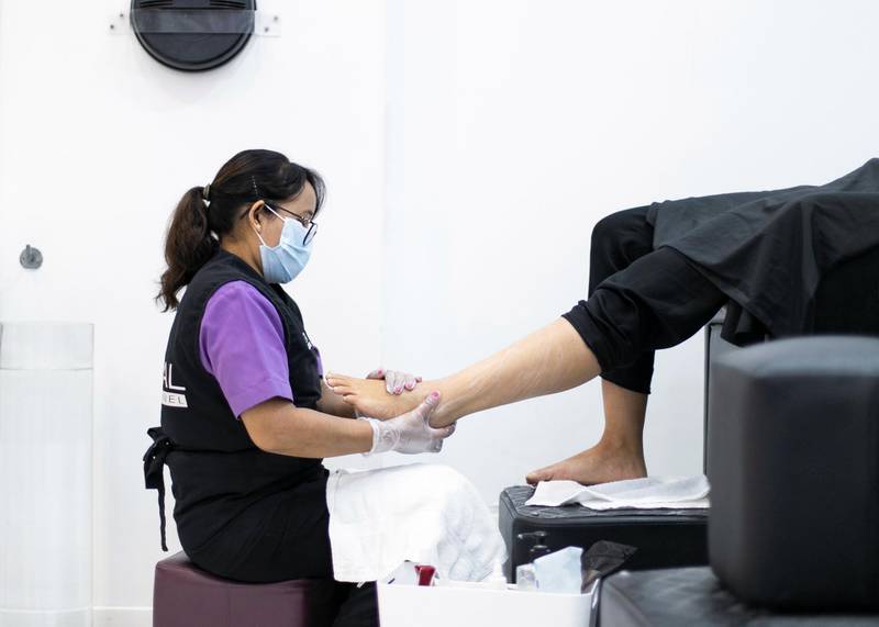 DUBAI, UNITED ARAB EMIRATES. 21 MAY 2020. Sanitary measures taken at Pastels Salon in Mercato.(Photo: Reem Mohammed/The National)Reporter:Section: