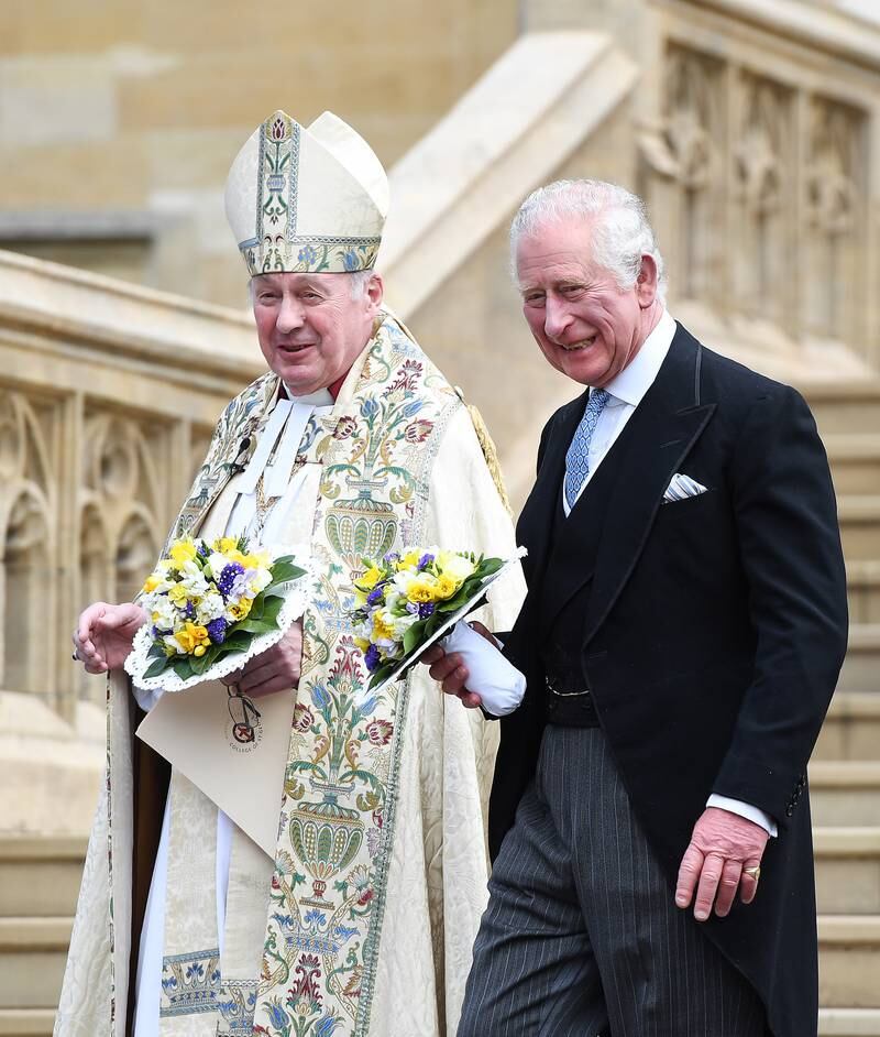 Prince Charles leaves St George's Chapel after the service. EPA