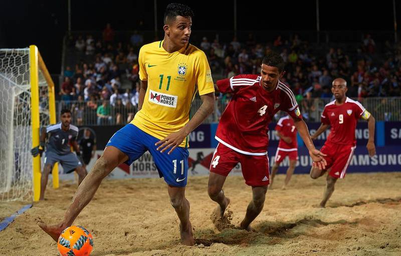 Brazil, in yellow, were too strong for UAE in their opening match of the Beach Soccer Intercontinental Cup in Dubai. Courtesy www.beachsoccer.com