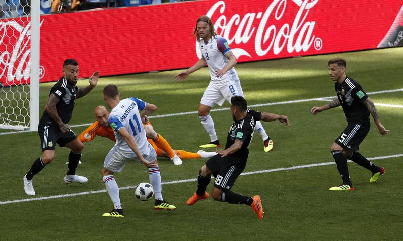 Iceland's Alfred Finnbogason scores to level the match at 1-1. Rebecca Blackwell / AP Photo