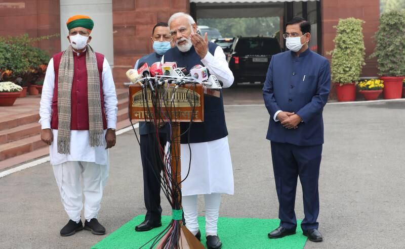 Indian Prime Minister Narendra Modi speaks to members of the media at the beginning of the winter session of the Indian Parliament in New Delhi last November. EPA