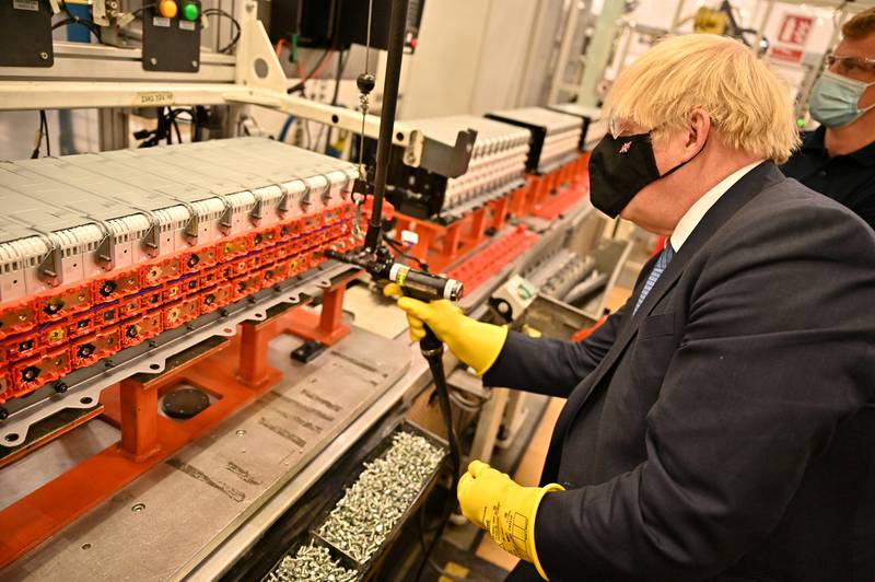 Britain's Prime Minister Boris Johnson visits the Envision AESC battery manufacturing plant inside the Nissan plant in Sunderland. Reuters
