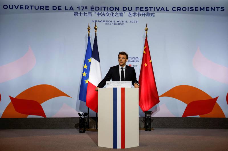 Emmanuel Macron delivers a speech at the Red Brick Art Museum in Beijing. AFP