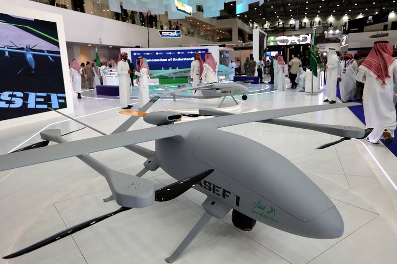 Military drones are displayed at Saudi Arabia's first World Defence Show, north of the capital Riyadh. AFP