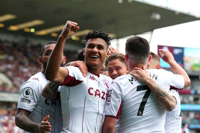 Ollie Watkins celebrates after scoring Aston Villa's third goal in their Premier League win over Burnley at Turf Moor on Saturday, May 7, 2022. Getty