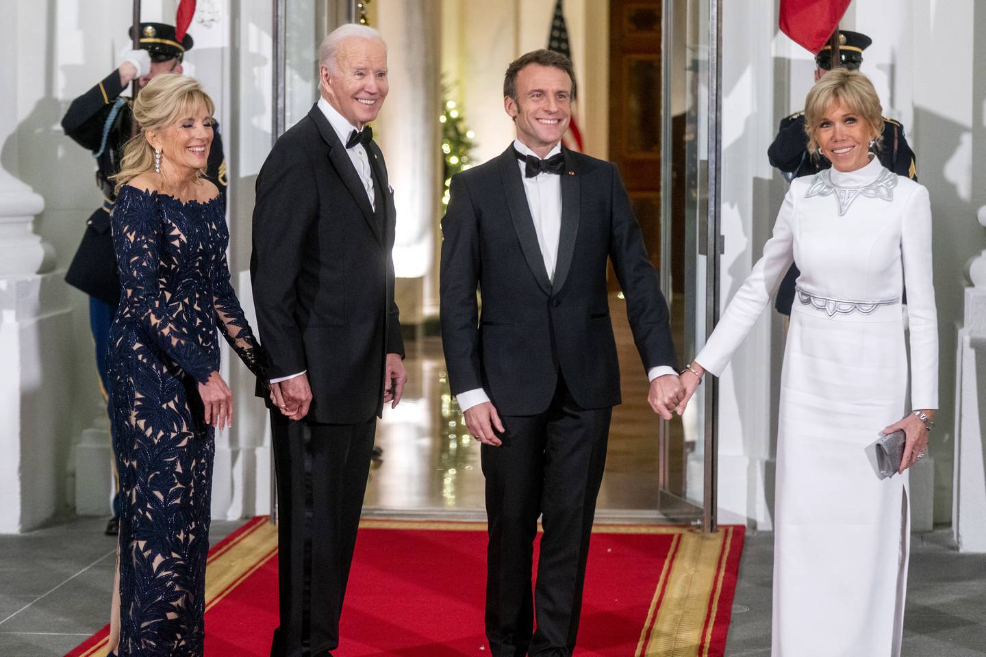 US President Joe Biden and first lady Jill Biden greet French President Emmanuel Macron and his wife Brigitte Macron. EPA