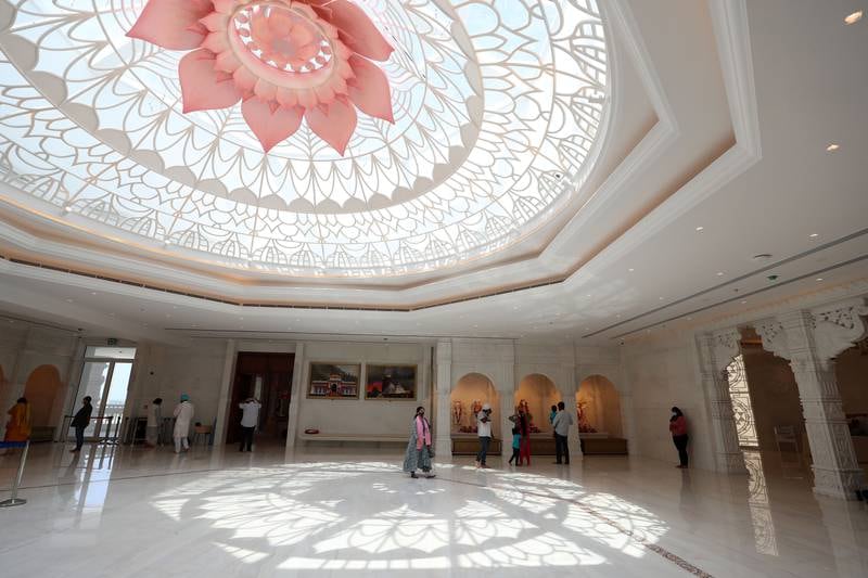 A pink lotus is a symbol of peace in the main prayer hall of the Hindu temple in Dubai.