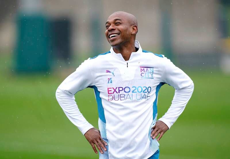 Manchester City's Fernandinho smiles during a training session  on Tuesday, April 12, 2022, ahead of their Champions League quarter-final second leg against Atletico Madrid. AP