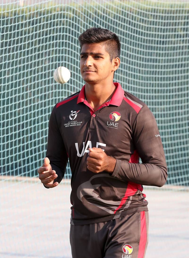 Jash Giyanani, player of the UAE's Under 19 cricket team during the training session at the ICC academy in Dubai. Pawan Singh / The National