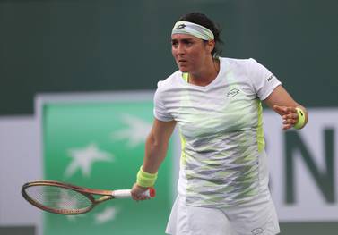 INDIAN WELLS, CALIFORNIA - MARCH 13: Ons Jabeur of Tunisia reacts to a lost point in a straight set loss to Marketa Vondrousova of The Czech Republic during the BNP Parisbas Open at the Indian Wells Tennis Garden on March 13, 2023 in Indian Wells, California.    Harry How / Getty Images / AFP (Photo by Harry How  /  GETTY IMAGES NORTH AMERICA  /  Getty Images via AFP)