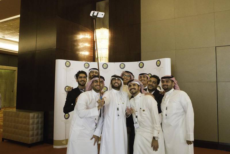 Some of the young people from around the Arabian Gulf region who attended the Health, Sports and the Entertainment in Dubai, organised by the GCC general secretariat, take a group ‘selfie’ at the Conrad Hilton hotel. Jaime Puebla / The National