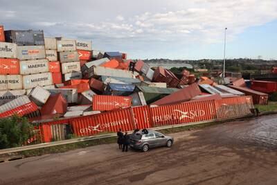 Hundreds of shipping containers were washed away in the port of Durban. EPA