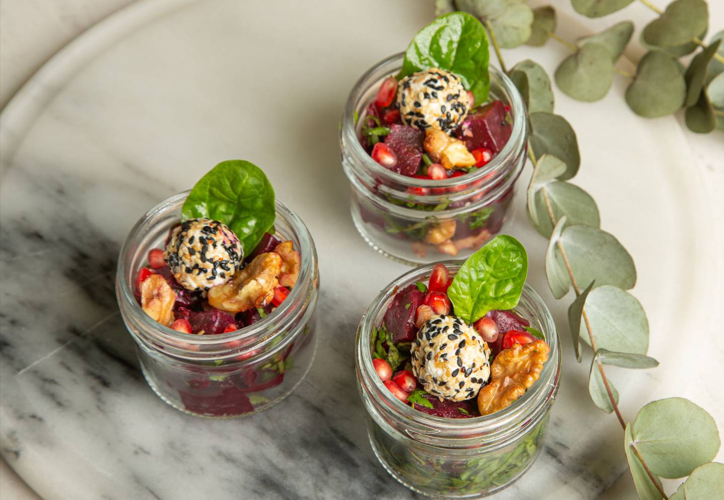 Beetroot goat cheese salad in individual jars, Dh14