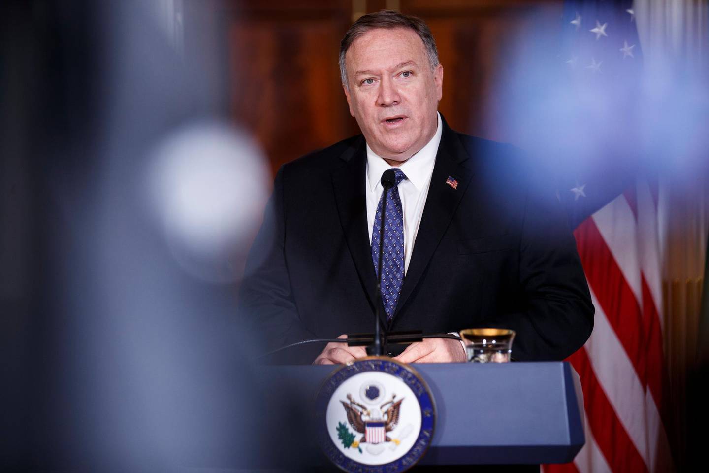 epa07775339 US Secretary of State Mike Pompeo delivers remarks during a briefing at the State Department in Washington, DC, USA, 15 August 2019. The remarks came following a meeting with Lebanese Prime Minister Saad Hariri who is negotiating to secure continued US support to Lebanon while holding back sanctions on Hezbollah and its allies.  EPA/SHAWN THEW