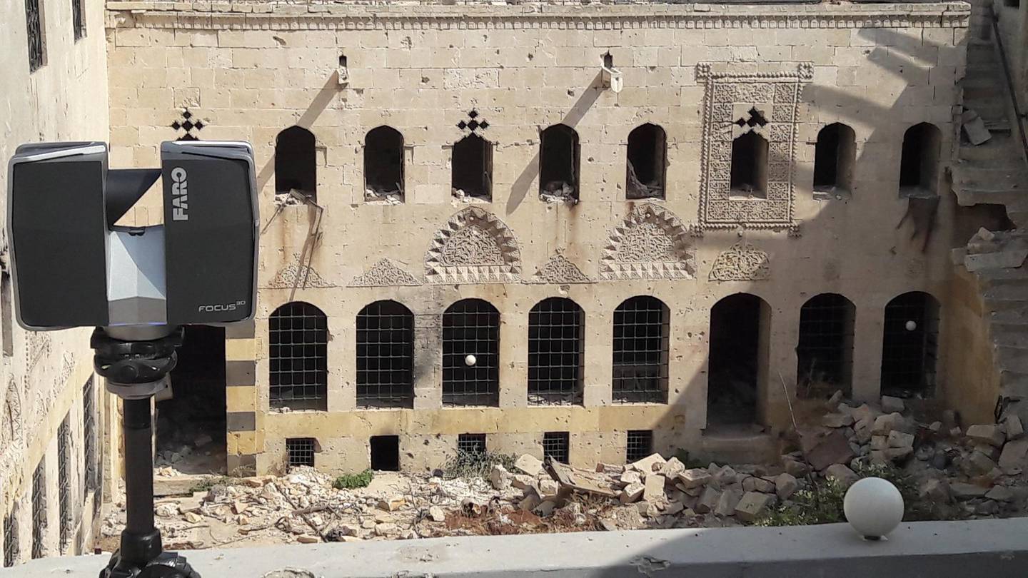 A 3D scanner from the French company Art Graphique & Patrimoine capturing the details of a badly damaged historic building in Aleppo, Syria.