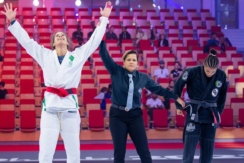 Yara Nascimento celebrates after her win over Rafaela Bertolot in the Queen of Mats at the Jiu-Jitsu Arena on Friday. UAEJJF