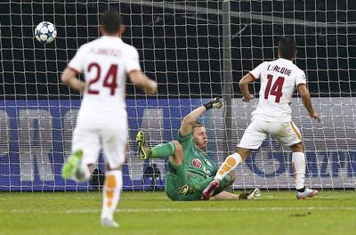 AS Roma’s Iago Falque scores their fourth goal against Bayer Leverkusen on Tuesday night in the Champions League contest at the BayArena. Wolfgang  Rattay / Reuters