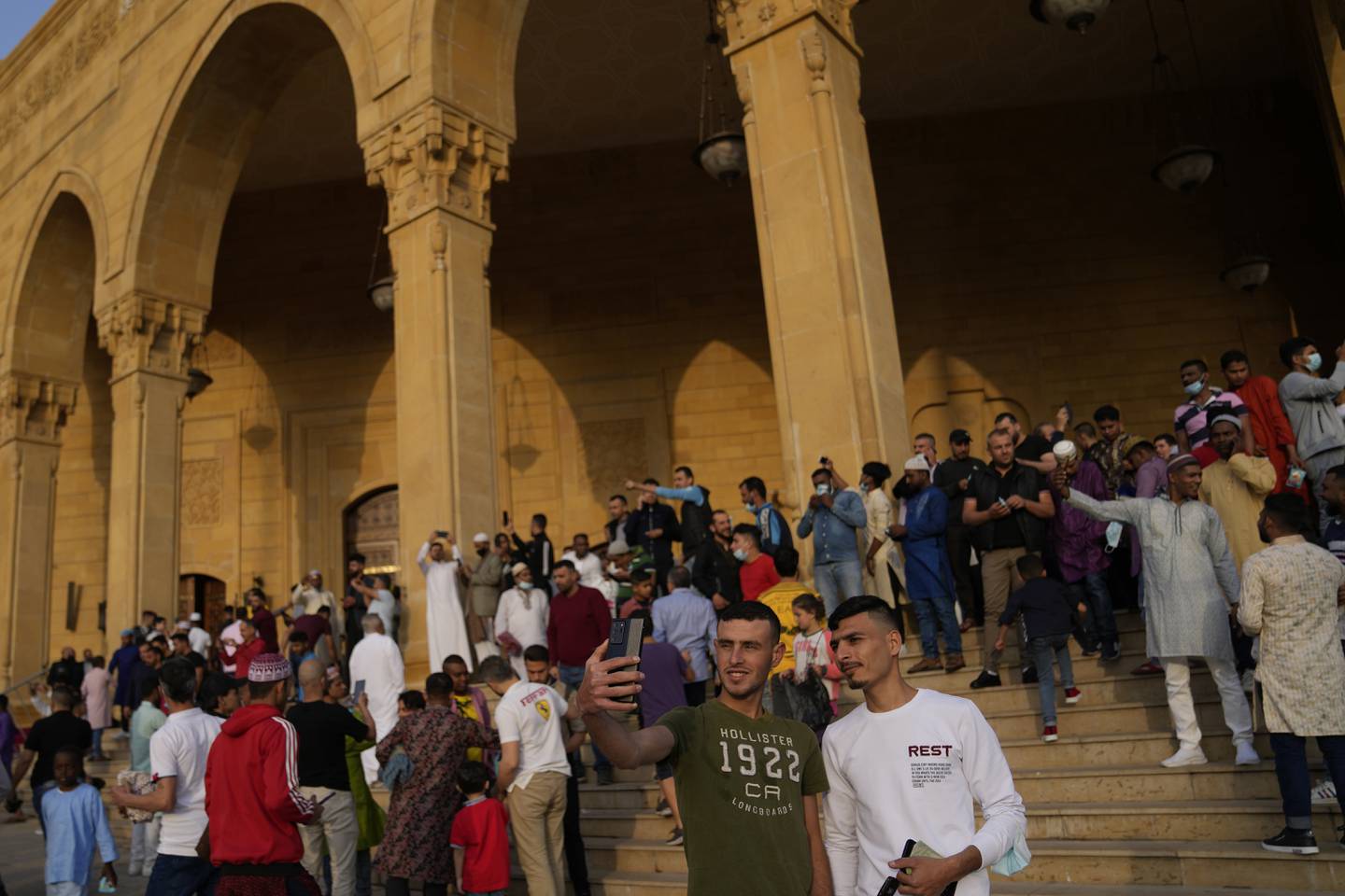 Worshippers after Eid Al Fitr morning prayer at the Mohammad Al Amin Mosque in downtown Beirut. AP