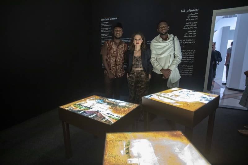 From left, artists Nana Ofosu Adjei, Manuela Nebuloni and Courage Dzidula Kpodo make up Postbox Ghana. Leslie Pableo for The National