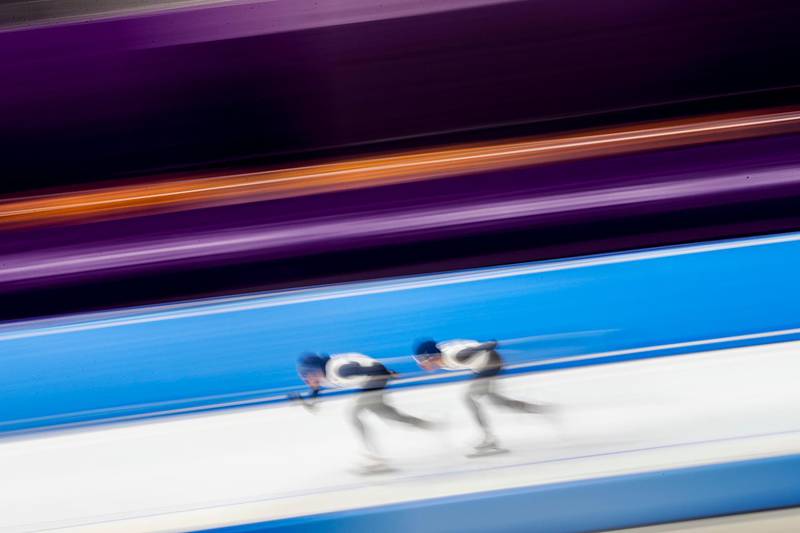 Japanese athletes in action during the training session at the Gangneung Oval speed skating venue in Gangneung, South Korea. Valdrin Xhemaj / EPA
