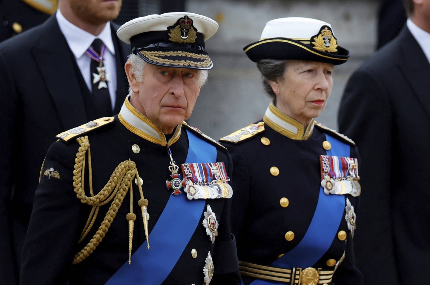 King Charles III and Princess Anne arrive at Westminster Abbey. AP Photo