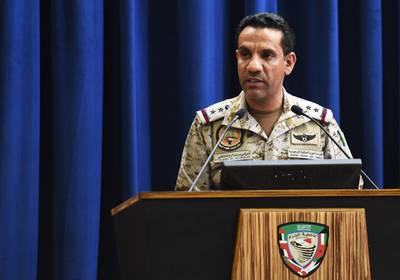 The spokesman of a Saudi-led military coalition Turki Al-Malki gives a press conference at the Armed Forces club in Riyadh on March 26, 2018.
A military coalition led by Saudi Arabia threatened retaliation against Iran, accusing the Shiite power of being behind multiple Yemeni rebel missile attacks on the kingdom. / AFP PHOTO / FAYEZ NURELDINE