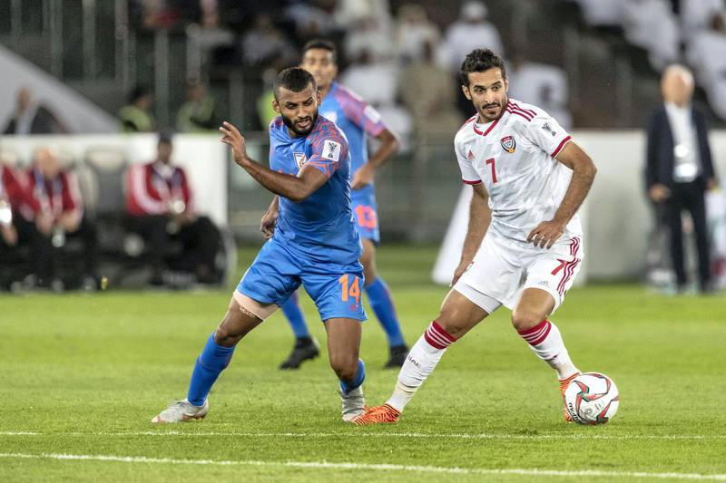 ABU DHABI, UNITED ARAB EMIRATES. 10 JANUARY 2019. AFC Football at Zayed Sports City. UAE vs India match. Second half. UAE leads 2-0. (Photo: Antonie Robertson/The National) Journalist: John McAuley. Section: Sport.