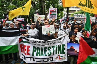 Demonstrators at a pro-Palestinian rally in front of the Israeli embassy in Bangkok, Thailand. AFP