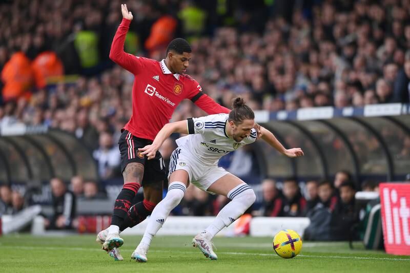Luke Ayling of Leeds United is challenged by Marcus Rashford of Manchester United. Getty 