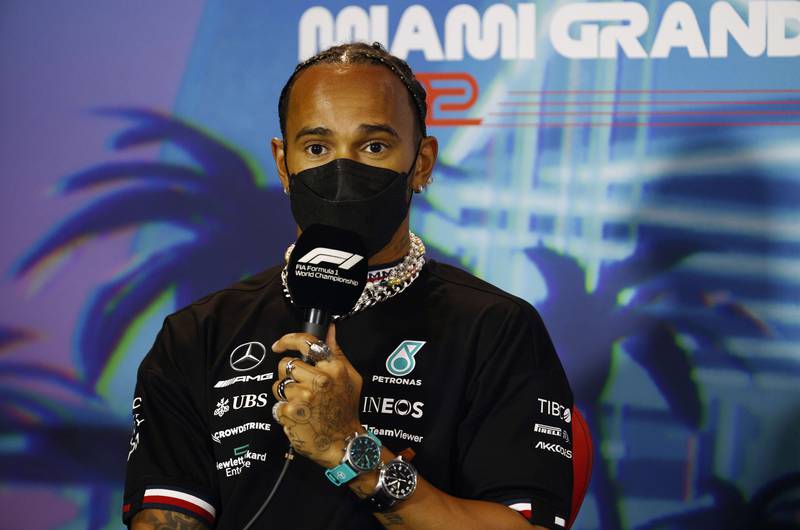Lewis Hamilton speaks to the media during a press conference for the Miami Grand Prix. AFP
