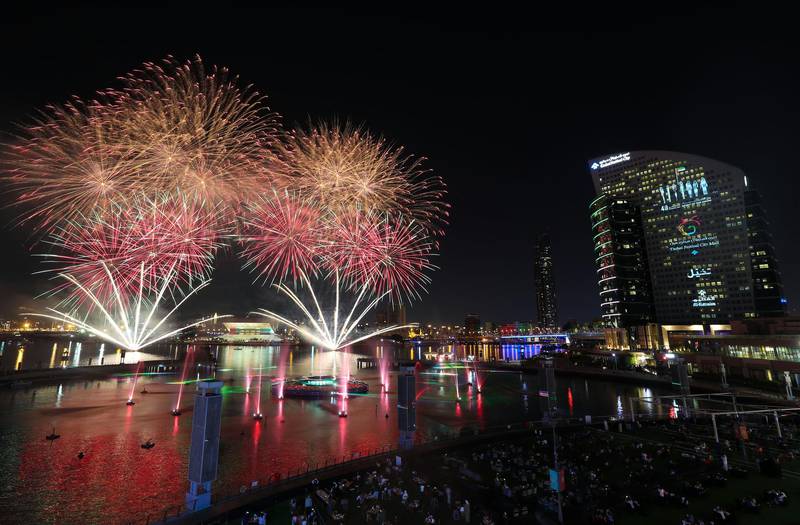 Dubai, United Arab Emirates - December 02, 2020: National Day. Fireworks go off at Dubai festival city to celebrate the 49th National day. Wednesday, December 2nd, 2020 in Dubai. Chris Whiteoak / The National