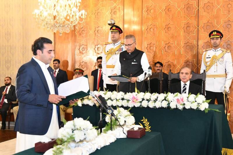 Bilawal Bhutto Zardari is sworn in as Pakistan's foreign minister by President Arif Alvi in Islamabad, on April 27. EPA 
