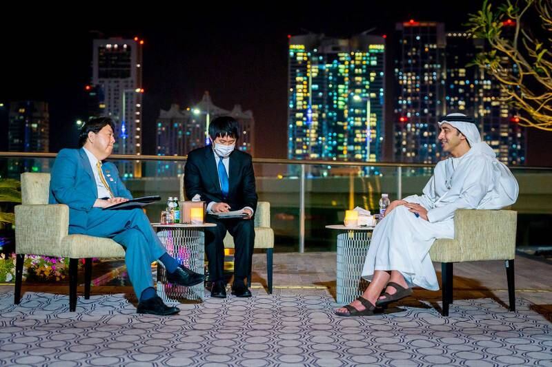 Sheikh Abdullah bin Zayed, Minister of Foreign Affairs and International Co-operation, with Japanese Foreign Minister Yoshimasa Hayashi. Wam