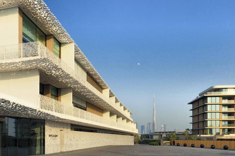 The exterior of the new Bulgari hotel on Dubai's Jumeira Bay Island.