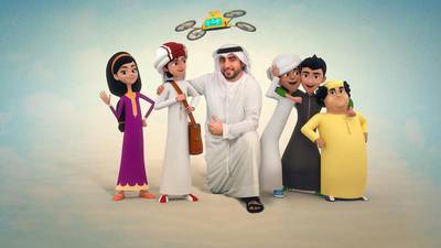 Mansour creator Rashed Al Harmoodi, with the cast of the animated TV show