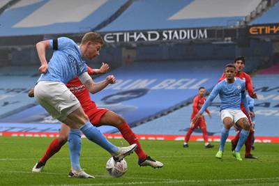 City's Kevin De Bruyne crosses the ball in the build-up to their second goal. AFP
