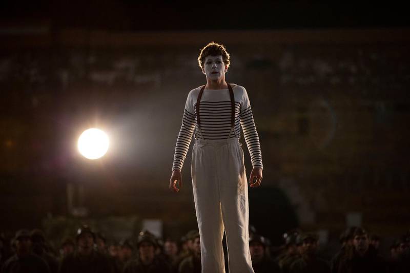 Jesse Eisenberg, as French mime Marcel Marceau, in 'Resistance'. 