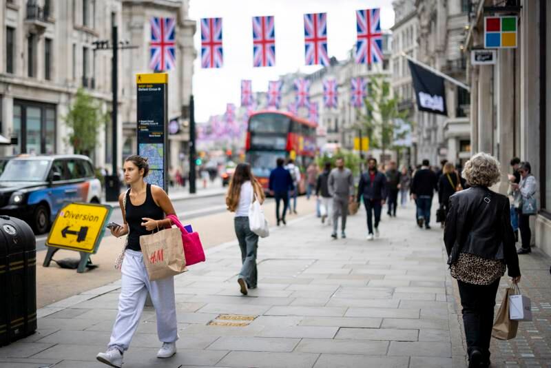 Oxford Street in London. Retail sales in the UK rose 1. 4 per cent in April, while inflation soared to 9 per cent, the highest rate in 40 years. EPA