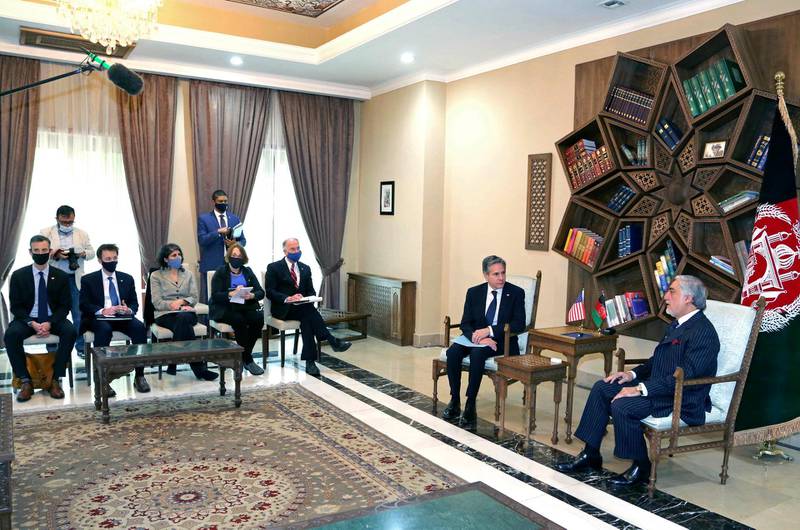 Abdullah Abdullah, Chairman of the High Council for National Reconciliation, right, meets with US Secretary of State Antony Blinken, center, and their delegations at the Sapidar Palace in Kabul. AP
