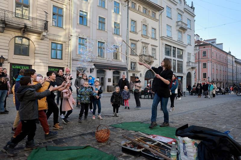 A street performer in Lvin when the city was preparing for the possibility of a Russian attack.
