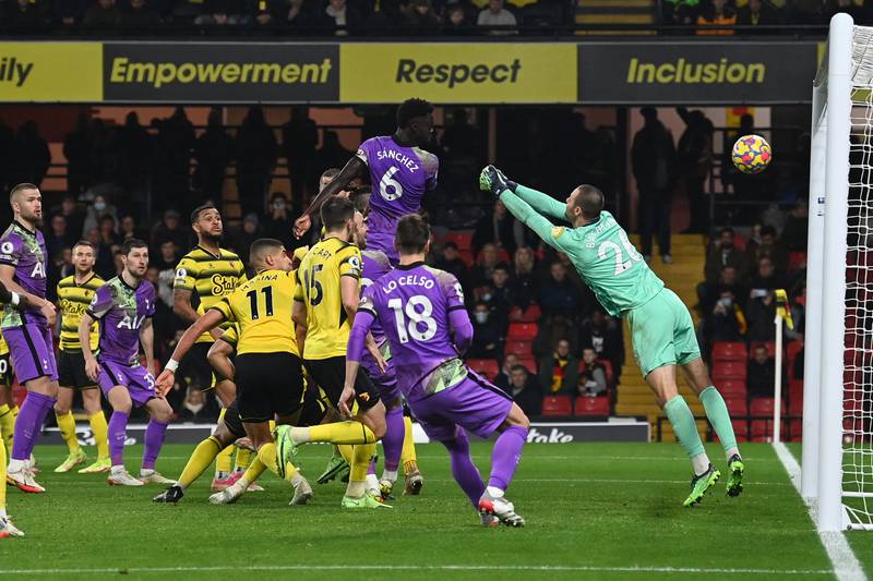 Tottenham Hotspur defender Davinson Sanchez heads home the winning goal against Watford. AFP
