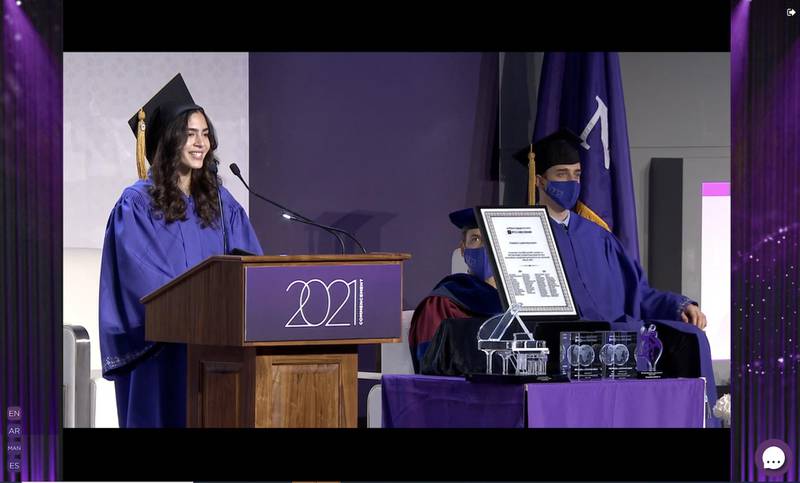 Malak Adbel-Ghaffar addressed her fellow students during the online graduation ceremony. Courtesy: NYU Abu Dhabi 